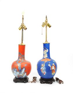 Two Chinese porcelain table lamps, 15" h.