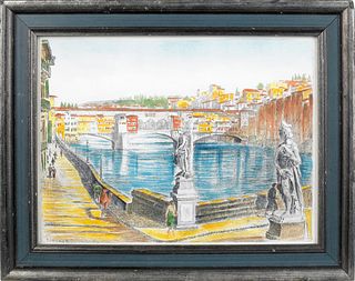 Bela Sziklay, hand colored etching of a Venice can