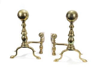 Pair of Federal brass ball top andirons, ca. 1825.