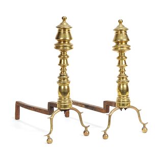 Pair of Federal brass andirons, 18" h.