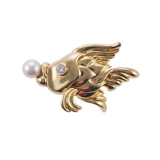 J. Cooper 18k Gold Diamond Pearl Fish Brooch Pin