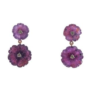 16.87ctw Natural Carved Sapphire Diamond Flower Drop Earrings
