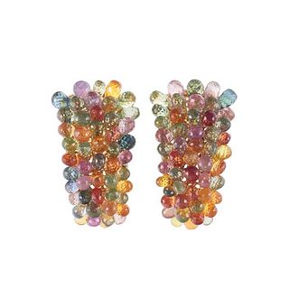 18k Gold Multi Color Sapphire Diamond Half Hoop Earrings