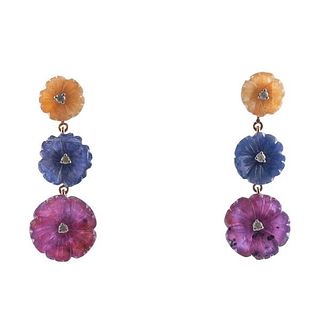27.09ctw Carved Color Sapphire Diamond Flower Gold Drop Earrings
