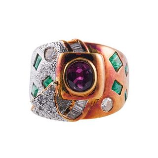 18k Gold Diamond Emerald Ruby Ring