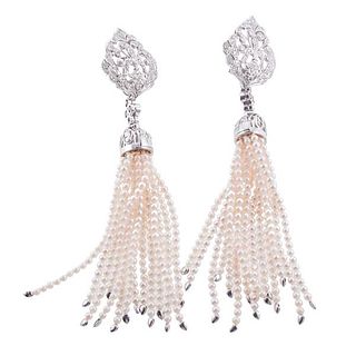 18k Gold Diamond Pearl Tassel Drop Earrings