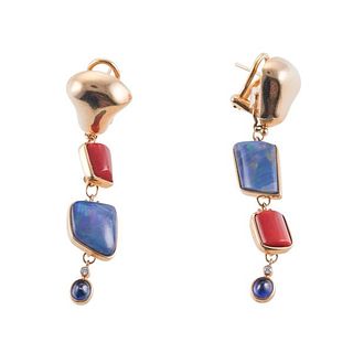 Artisanal 18k Gold Diamond Sapphire Opal Coral Drop Earrings