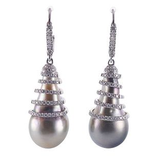 18k Gold Diamond Pearl Drop Earrings