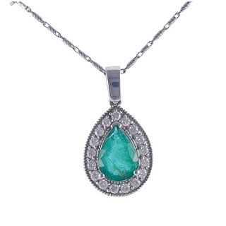 14k Gold Diamond Emerald Pendant Necklace
