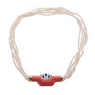 18k Gold Diamond Coral Sapphire Pearl Necklace