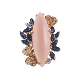 18k Gold Coral Sapphire Diamond Ring Earrings Set