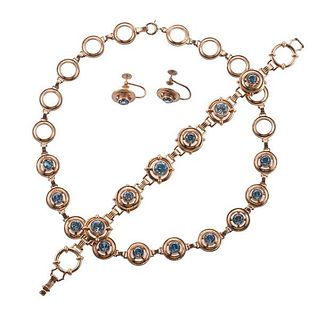 Retro 14k Gold Necklace Earrings Bracelet Set