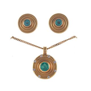 Reinstein Ross 22k Gold Diamond Emerald Earrings &amp; Pendant on 18k Necklace 