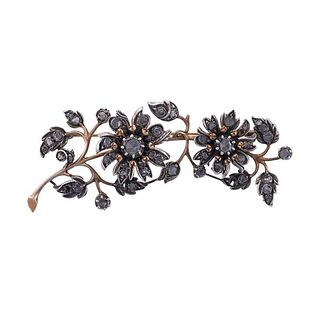 18k Gold Silver Rose Cut Diamond Flower Brooch Pin