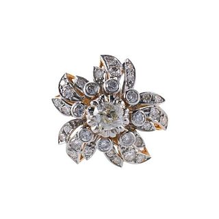 Midcentury 18k Gold Platinum Diamond Flower Ring