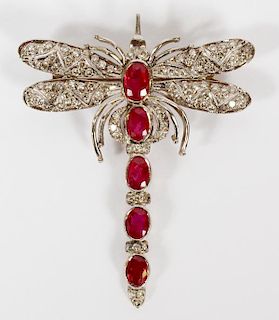 ART DECO GOLD DIAMOND AND RUBY DRAGONFLY PIN/BROOCH
