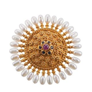 Lalaounis Greece Gold Sapphire Ruby Pearl Brooch Pin