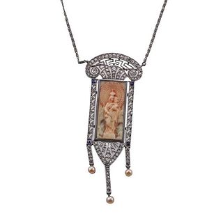 Art Deco Platinum Silver Diamond Sapphire St. Mary Pendant Necklace 