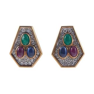 18k Gold Diamond Emerald Sapphire Ruby Earrings