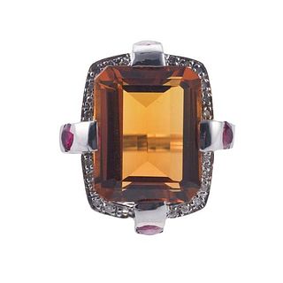 14k Gold Diamond Citrine Ruby Cocktail Ring