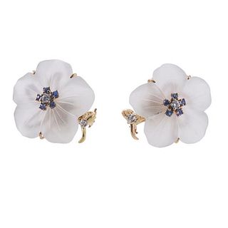 18k Gold Frosted Crystal Diamond Sapphire Flower Earrings