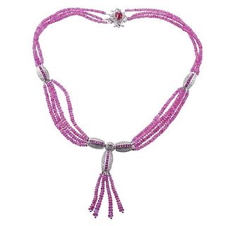 18k Gold Ruby Bead Diamond Tassel Necklace