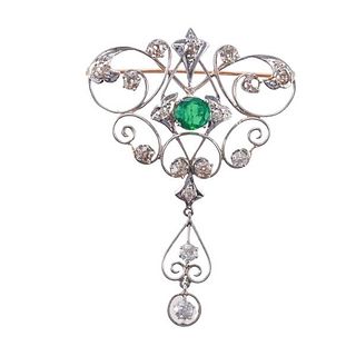 Antique Platinum Gold Diamond Emerald Brooch Pendant