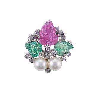 Tutti Frutti Platinum Emerald Ruby Pearl Diamond Brooch Pendant