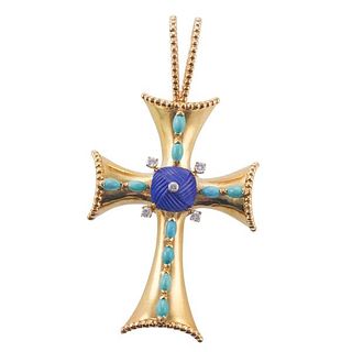 18k Gold Diamond Turquoise Lapis Large Cross Pendant 