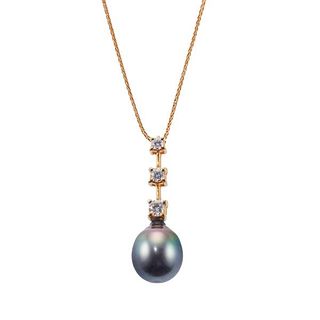 14k Gold Tahitian Pearl Diamond Pendant Necklace 