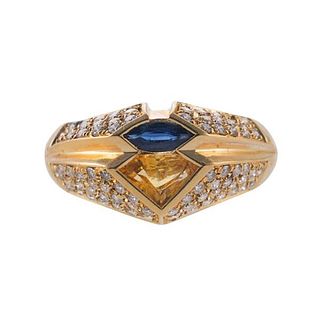 18k Gold Yellow Blue Sapphire Diamond Ring