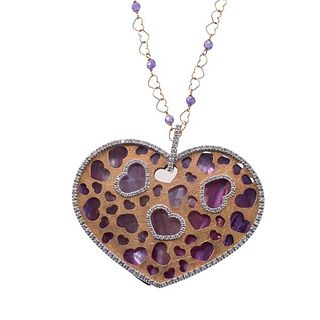 Nanis 18k Gold MOP Diamond Amethyst Heart Pendant Necklace
