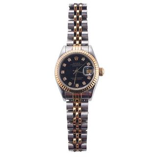 Rolex Datejust 18k Gold Steel Black Diamond Dial Lady&#39;s Watch 69173