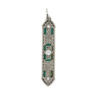 Platinum Art Deco Emerald Diamond Pendant 