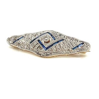 18k Platinum Art Deco Sapphire Diamond Brooch