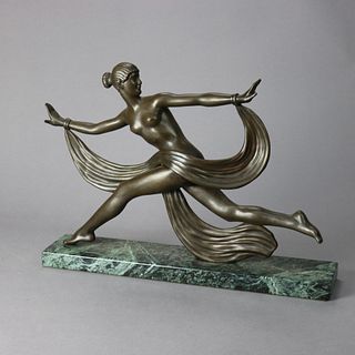 Antique French Art Deco Sculpture Statue of a Woman On Marble Plinth, 20th C