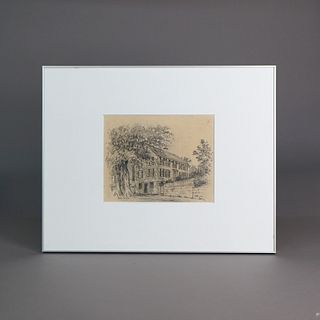 Antique Pencil Drawing of a Farmhouse Signed Childe Hassam Circa 1915