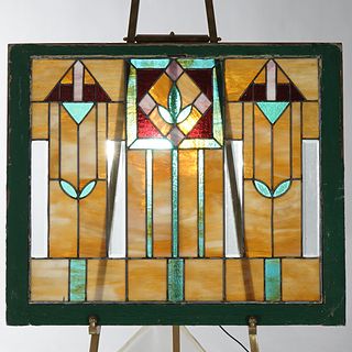 Antique Arts & Crafts Frank Lloyd Wright School Leaded Stained Glass Window