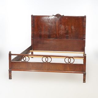 Antique Flame Mahogany Chinese Chippendale Double Bed Circa 1930