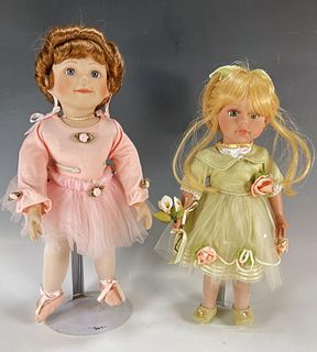 PORCELAIN BALLERINA DOLL AND DOLL IN GREEN DRESS