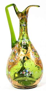BOHEMIAN GILT AND ENAMELED GREEN GLASS PITCHER
