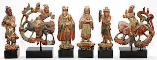 CHINESE CARVED WOOD POLYCHROME FIGURES 6 PIECES
