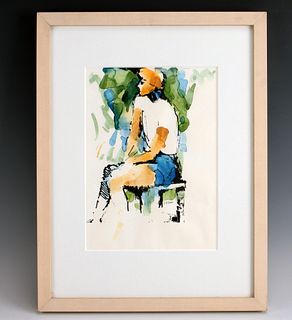 WATERCOLOR OF SEATED BOY SINGNED LYON