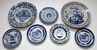 BLUE AND WHITE PORCELAIN PLATES AND BOWLS