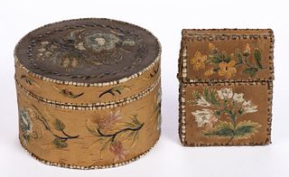 NATIVE AMERICAN HURON / EASTERN WOODLANDS EMBROIDERED BIRCHBARK BOXES, LOT OF TWO