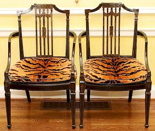 FRENCH LOUIS XV INFLUENCED EBONIZED OPEN ARM CHAIRS