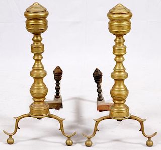 ANTIQUE FEDERAL BRASS ANDIRONS 19TH.C. PAIR