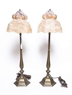 A Pair of Mottled Glass Table Lamps, Height overall 24 3/4 inches.