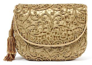 JUDITH LEIBER BEIGE LACE AND SATIN BAG