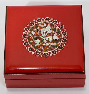 RED LACQUER & MOTHER OF PEARL INLAID BOX